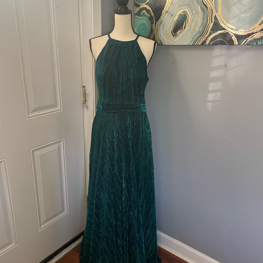 Elegant Betsy Adams aqua sparkly Halter Maxi Dress size 14 hemmed